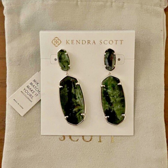 Kendra Scott Elle Custom Statement Earrings Silver & Green Sage Mica NEW - Picture 5 of 6